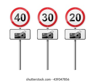 Set of 3 road signs, isolated on white background. Speed-limit cameras. EPS10 vector illustration.