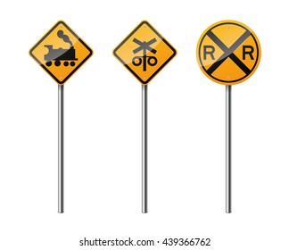 Set of 3 road signs, isolated on white background. Railway. EPS10 vector illustration.