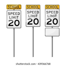 Set of 3 road signs, isolated on white background. Speed limit. School. EPS10 vector illustration.