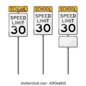 Set of 3 road signs, isolated on white background. Speed limit. School. EPS10 vector illustration.