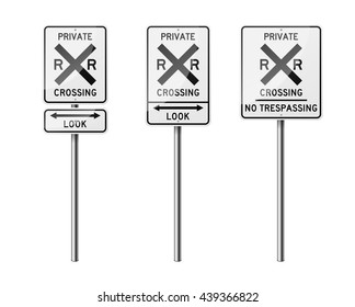 Set of 3 road signs, isolated on white background. Railway. EPS10 vector illustration.