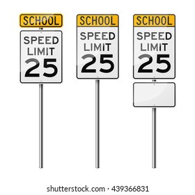 Set of 3 road signs, isolated on white background. Speed limit. School. EPS10 vector illustration.