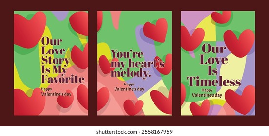 Set of 3 Romantic Valentine’s Cards with Modern Pastel Designs. A set of Valentine’s Day greeting card with sample text, red hearts and abstract backgrounds templates vector illustration. 