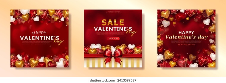 Set of 3 romantic square banners with red, golden and white various 3d glossy hearts, realistic confetti streamers, gift bow and greeting text typography on red blurred background for Valentine's Day
