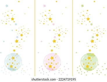Set of 3 round glass vases with stars and light beads flying out from the inside. Each vase has a different cute color.