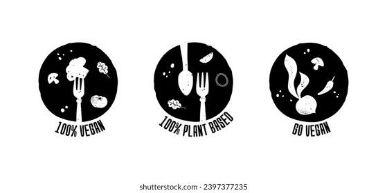 Set of 3 round labels with vegetables. Plant based food concept. Vector illustration isolated on white background