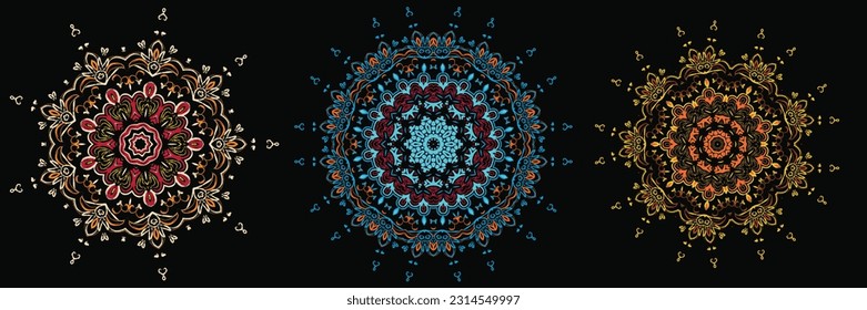 Set of 3 round mandala design in different color themes fordecoration in vintage style on black background. For prints, clothing, t-shirt, holiday goods vector illustrations