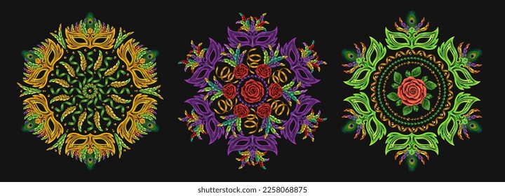 Set of 3 round patterns like mandala with masquerade masks, feathers, beads, ribbons, roses. Carnival decoration in vintage style on black background. For prints, clothing, t shirt, holiday goods