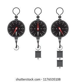 Set of 3 round scale mechanical dynamometers with different weights on a white background - flat design