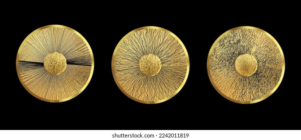 Set of 3 rounds with lines in golden metallic colors. Graphic abstract geometric background with connected lines Vector illustration.
