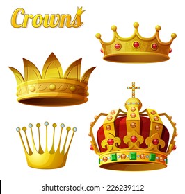 Set 3 of royal gold crowns isolated on white. Vector illustration.