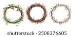 Set of 3 Rustic Vine Wreath Watercolor Illustration. Hand-Painted Twisted Branch Round Decor in Boho Vintage Style. Natural Dry Twig Circle Shape on White Background