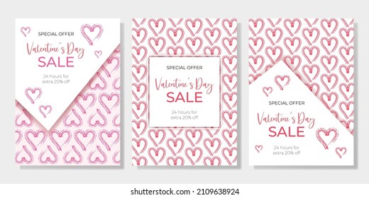 Set of 3 sale posters, banners, flyers design for Valentine's Day. Happy Valentine's Day special offer. 20% discount offer on red hearts pattern background 