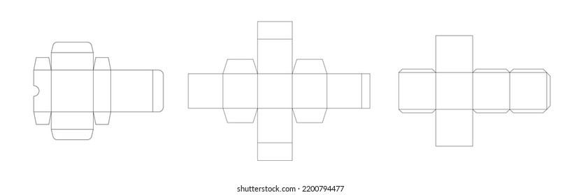 Conjunto de 3 esquemas de embalaje de papel, plantillas de cajas de paquetes. Diseño de modelo geométrico, líneas vectoriales delgadas y negras sobre fondo blanco.