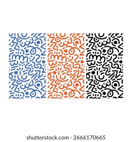 Set of 3 seamless abstract labyrinth patterns with hand-drawn geometric maze lines. Designed in a striking red, orange, and black color palette, combining modern abstract lines with a minimalist style