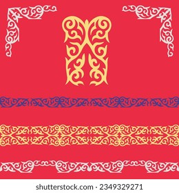 Set of 3 seamless border and vector 2 ornamental elements with motifs of Kazakh, Kyrgyz, Uzbek, national Asian decor for borders, textile, plate, tile, and print design. Workpiece for your design.