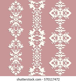 Set of 3 seamless borders with american indian style. Triangle Embroidery. Navajo background. Textile geo prints. Totemic pole