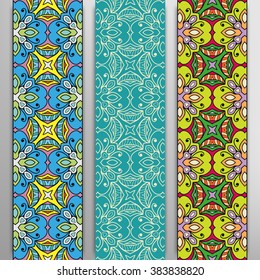 Set of 3 seamless borders with decorative ethnic ornament, repeating texture in arabian, indian style. Vector geometric patterns collection for banners, flyers, cards and invitations design.