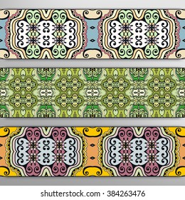 Set of 3 seamless borders with decorative ethnic ornament, repeating texture in arabian, indian style. Vector geometric patterns collection for banners, flyers, cards and invitations design.