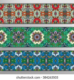 Set of 3 seamless borders with decorative ethnic ornament, repeating texture in arabian, indian style. Vector geometric patterns collection for banners, flyers, cards and invitations design.