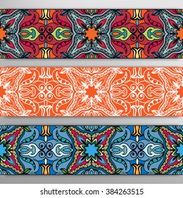 Set of 3 seamless borders with decorative ethnic ornament, repeating texture in arabian, indian style. Vector geometric patterns collection for banners, flyers, cards and invitations design.