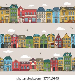 Set of 3 seamless borders of european houses. Hand drawn doodle sketch. Vector illustration. 