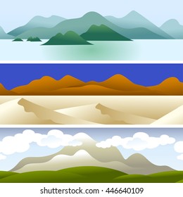Set of 3 seamless borders. Landscape. Panorama . Islands.  Mountains. Hills. Clouds in the sky. Sea. Vector illustration. Background.