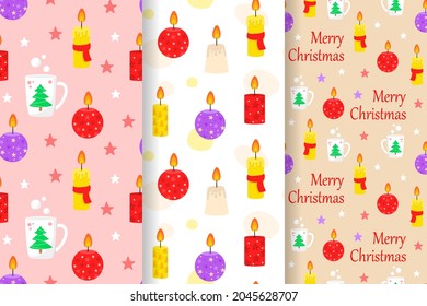 Set of 3 Seamless Christmas patterns. Merry Christmas and Happy New Year. Vector graphics. EPS 10. Candles, chase, flame. Design of invitations, cards, banners. For printing on paper and fabric. 