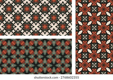 set of 3 seamless contemporary Batik pattern with reddish color