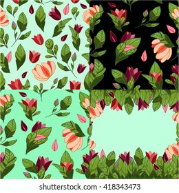 Set of 3 seamless floral patterns and a postcard