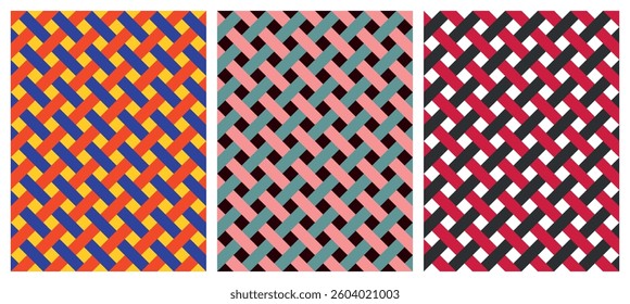 Set of 3 seamless geometric abstract pattern texture or background. Vintage classic art style. Handmade drawing vector illustration.	