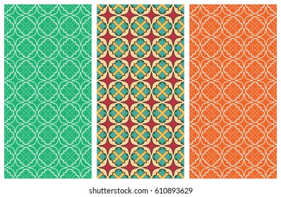 Set of 3 seamless geometric line patterns, border collection with repeating texture. Vector tribal ethnic ornament. Colorful vertical backgrounds for banners, invitation cards, textile or paper print