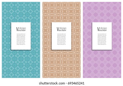 Set of 3 seamless geometric line patterns. Vector design for Card or Invitation with place for the text. Templates for packaging in trendy linear style. Graphic backgrounds collection