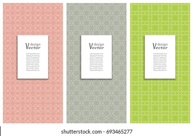 Set of 3 seamless geometric line patterns. Vector design for Card or Invitation with place for the text. Templates for packaging in trendy linear style. Graphic backgrounds collection
