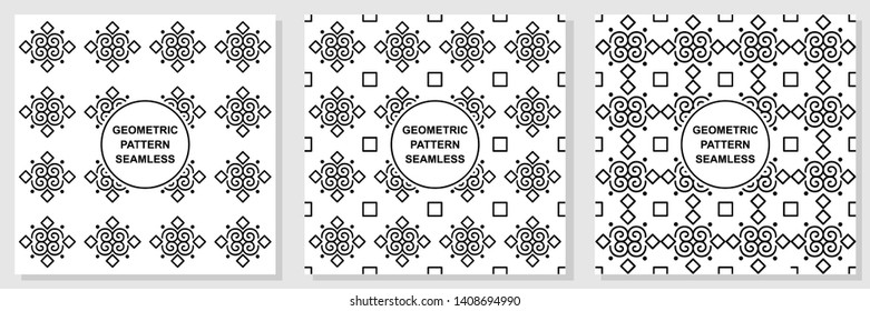 set of 3 seamless geometric pattern black and white background for wrapping, printing, wallpaper, fabric, vector