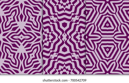 set of 3 seamless geometric pattern with abstract curve line. vector illustration. purple color