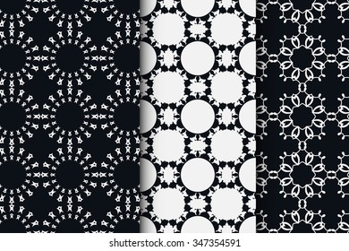 Set of 3 seamless geometric patterns for invitation or card design, textile or paper print, repeating fabric texture. Black and white vector collection