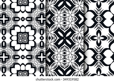 Set of 3 seamless geometric square patterns with repeating texture for fabric or paper print.  Black and white vector collection