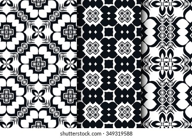 Set of 3 seamless geometric square patterns with repeating texture for fabric or paper print.  Black and white vector collection