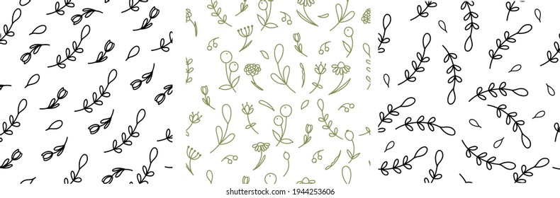Set of 3  seamless pattern with hand drawn flowers, braches, herbs, leaves. Vector pattern can be used for textile, invitation, greeting card, wallpaper. Stock illustration.