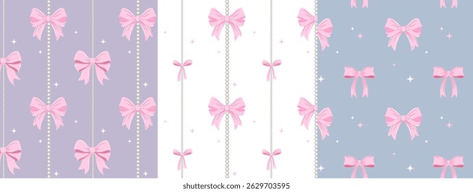 Set of 3 Seamless pattern with pink bows. Pattern for gift wrapping for girls, toys, wallpaper. Sample in swatches.