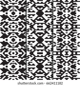 Set of 3 seamless patterns. American Indian style. Vector retro design for fashion prints. Monochrome backgrounds.