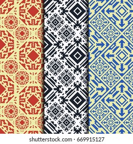 Set of 3 seamless patterns. American Indian style. Vector tribal design for fashion prints. Tiled backgrounds