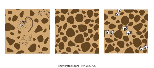 Set of 3 seamless patterns in brown color with giraffes, eyes and spots. Stock vector illustration isolated on white background.
