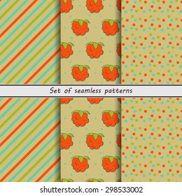 Set of 3 seamless patterns, cloudberries, oblique stripes, polka dots, vector