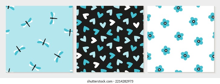 Set aus 3 nahtlosen Mustern mit bunten Libellen, Herzen und Blumen.