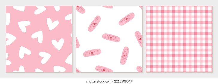 Set of 3 seamless patterns with colorful hearts, bandages and plaid