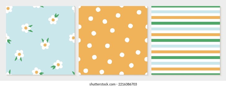 Set of 3 seamless patterns with colorful flowers, stripes and dots