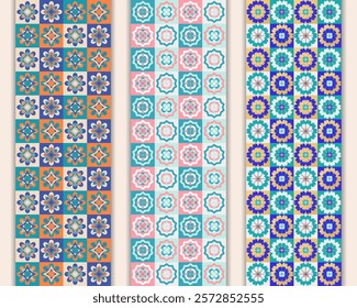 Set of 3 seamless patterns with colorful Islamic geometric floral arabesque, tiles, mosaic. Eid al-Fitr, Eid al-Adha backgrounds, wallpapers, textile design with symmetrical Muslim ornament