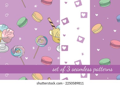 Set of 3 seamless patterns with confectionery, desserts and decorative elements in cartoon style. For textiles, wallpapers, backgrounds
